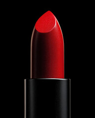 Classic red lipstick with soft shine, showcasing its vibrant color against black background. This close up highlights smooth texture and elegant design, perfect for beauty enthusiasts