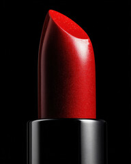 Bright red lipstick stands elegantly against black background, showcasing its glossy finish and vibrant color. This close up captures allure and sophistication of this beauty product