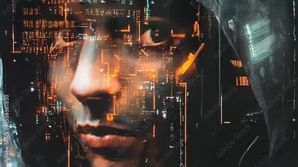 Aufkleber futuristic digital portrait of an individual with network overlay and data streams