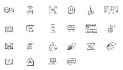 Phishing email visual icon collection with warning signs and security alert elements