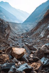 The scene shows a rugged landscape with boulders, likely from an excavation or quarry site, set against the backdrop of mountains under a clear sky.