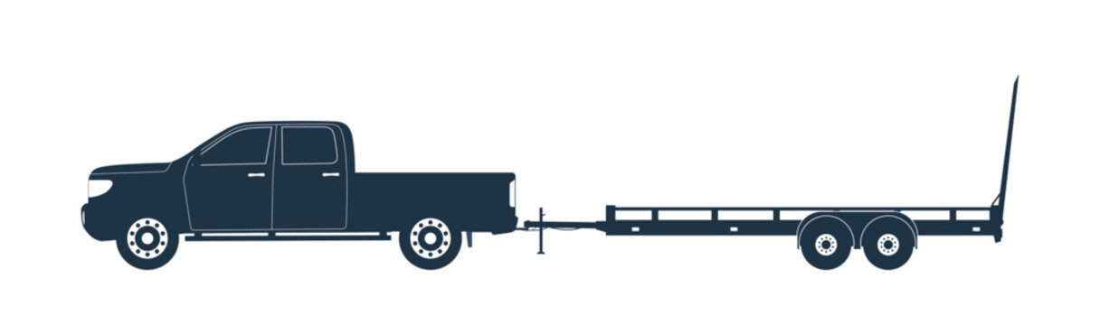 A pickup truck tow 2 axle open trailer. Vector illustration.
