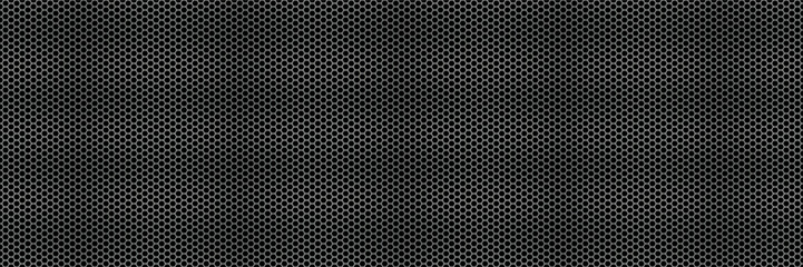 Metal speaker mesh seamless bg with black backdrop. Chrome perforated metal background on black. Honeycomb doles on aluminum sheet. Vector illustration