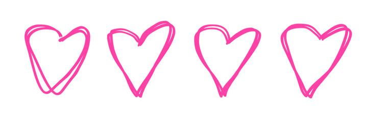 Set of neon pink handdrawn scrawl hearts in doodle style. Rough felt-tip pen or marker sketch. Vector illustration