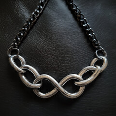Fototapeta premium Silver chain arranged in an infinity loop on textured black leather,
