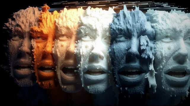 AI-generated abstract human face morphing through emotions, from sadness to hope to joy, dark background with soft lighting