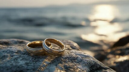 Eternal Vows: A tender focus captures two wedding rings nested on a weathered stone, set against a tranquil seascape bathed in a warm, inviting light, symbolizing a lifelong commitment.