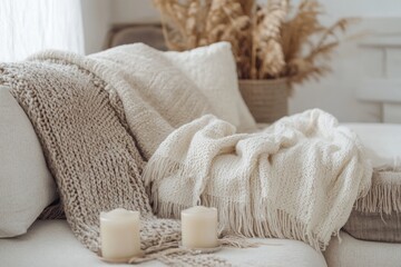 Homey cozy scene with blanket-covered couch and lit candles evoking warm autumn evenings.