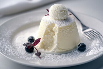 Frosted meringue cake on plate with powdered sugar, blueberries, whipped cream, and red berries garnish.