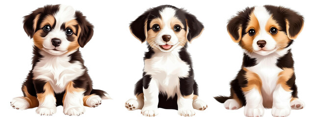 adorable tricolor puppies sitting on transparent background