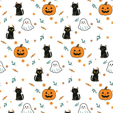 Cute black cat with scary pumpkin. Cute ghost seamless pattern.