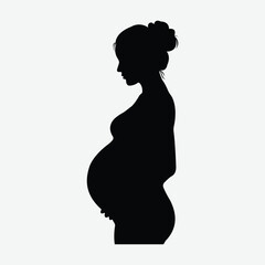 Bold silhouette of a serene pregnant woman in profile. Minimalist black-and-white vector with bun hairstyle, rounded belly, and calm mood. Perfect for maternity, health, and family themes.