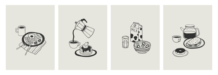 Hand drawn outline posters set of breakfast and coffee break. Doodle illustrations with coffee and tea cup, donut, omelette, bacon, cereal in sketch style. Vintage design for kitchen wall art, menu