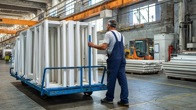 Factory Work: A factory worker meticulously maneuvers a trolley laden with freshly produced, pristine white window frames, showcasing the seamless efficiency of manufacturing and precision