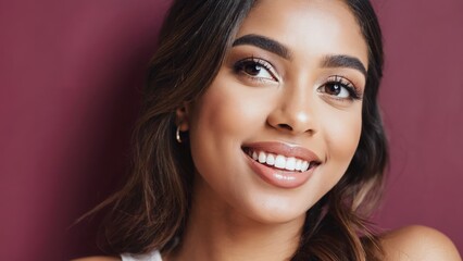 Obraz premium A smiling, vibrant young woman with an inviting gaze and flawless complexion, adorned in contemporary style, set against a glossy backdrop.