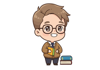 Cartoon figure with glasses holds a book standing near stacked books
