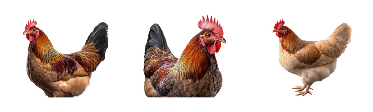 brown rooster and hens on white background
