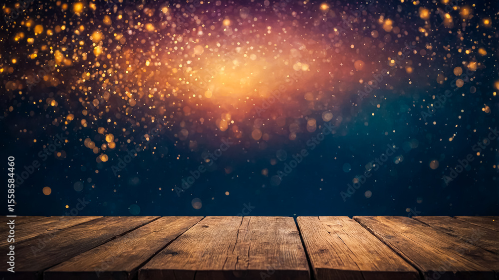 Poster wooden tabletop set against vibrant bokeh lights creating a dynamic atmosphere. this colorful and fe