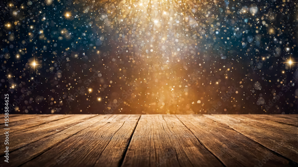 Poster wooden table with sparkling golden lights and colorful bokeh in the background, creating an enchanti