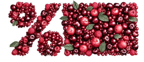 % percentage symbol made of fresh red fruits like red currant, cranberry, cherry, and fruit square on white (transparent) background; fruit rich food product concept