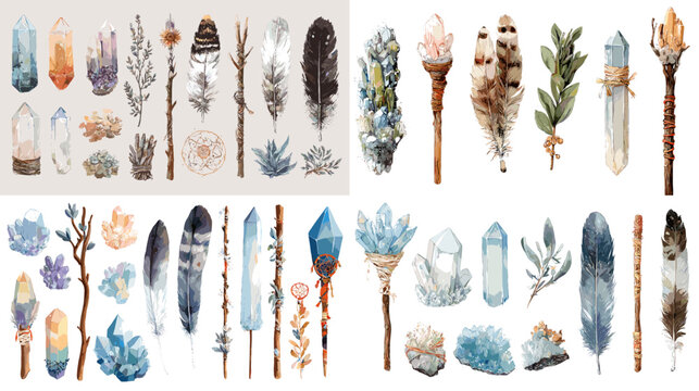 Mystical watercolor set of crystals, feathers, staffs, and herbs, perfect for boho decor, magical rituals, spiritual branding, or esoteric design elements.

