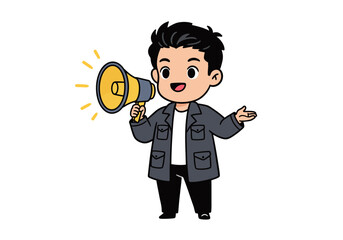 Cartoon man with black hair wearing a gray jacket holding a yellow megaphone