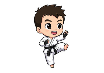 Cartoon martial artist strikes a pose in a white uniform with a black belt
