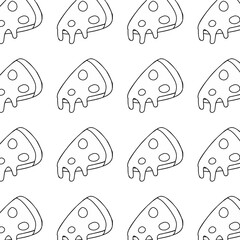 A seamless black and white pattern featuring outline illustrations of pizza slices with melted cheese. Ideal for coloring pages, minimalistic food designs, or background decoration.
