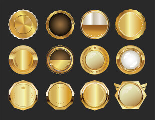 Gold Round Badge Set on Black Background Premium Vector Labels for Awards and Certificates