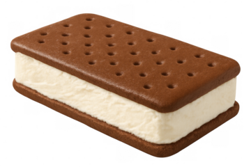 Chocolate wafers sandwiching creamy vanilla ice cream against transparent background, delectable frozen dessert treat