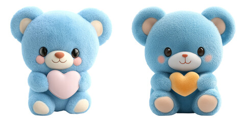 Adorable blue teddy bears with gift and heart accessories isolated on transparent PNG perfect for kids merchandise and playful designs