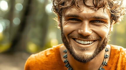 Smiling man in an orange shirt surrounded by a blurred forest backdrop, radiating joy