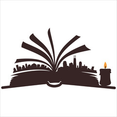 Stylized Cityscape Silhouette within Open Book, Candlelight, Dark, Serene Mood