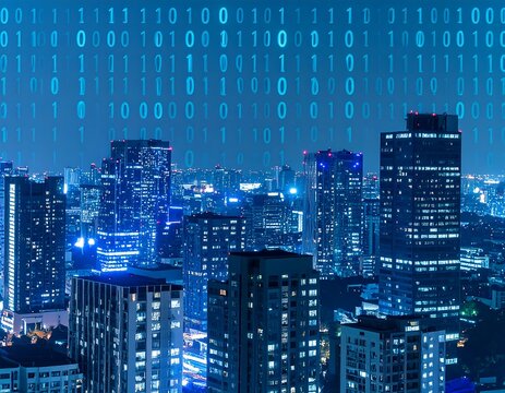 City skyline at night overlaid with binary code