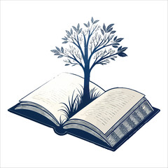 arene Blue Ink Tree Growing from Open Book: Knowledge, Nature, Growth Concept