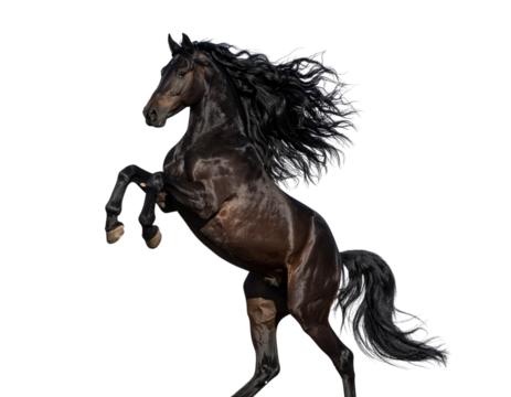 Realistic cutout of a muscular brown stallion rearing on hind legs with raised front - Powered by Adobe