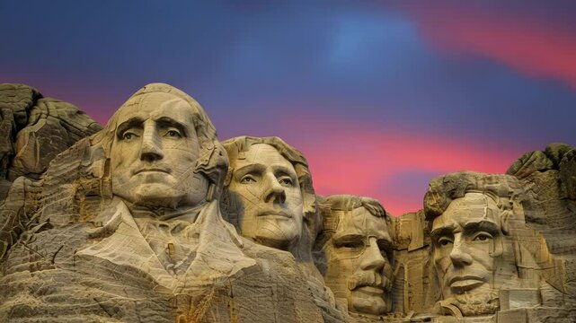 Mount Rushmore National Memorial time lapse with dramatic sky at sunset, South Dakota landmark and
