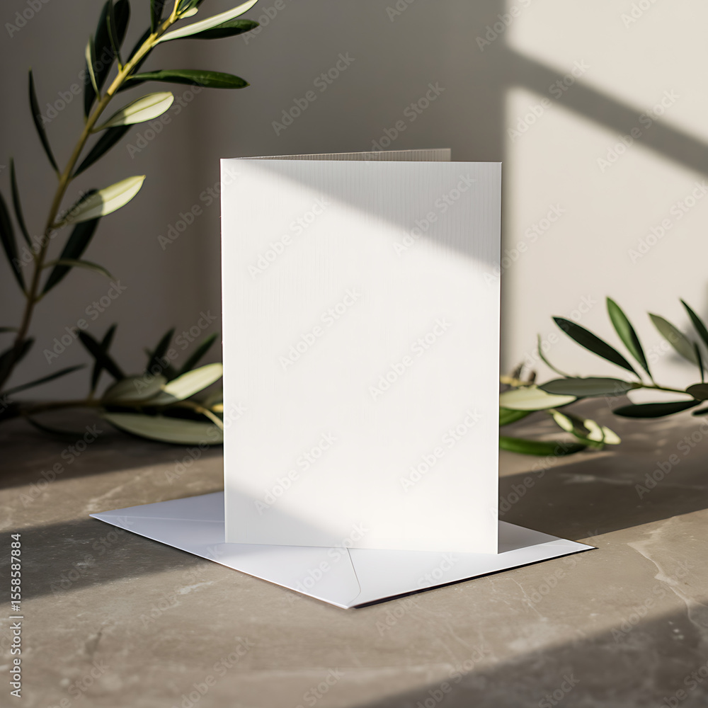 Poster blank white card and envelope with olive branches create a minimal mockup scene