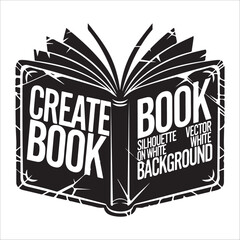Dramatic Open Book Silhouette: Vector Graphic, White Text on Black, Creative Book Design