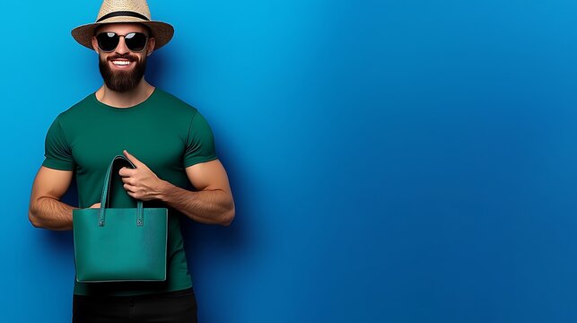 Smiling man in sunglasses and hat holding a green bag against a vibrant blue background