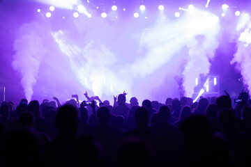 Crowd at concert and blurred stage lights.