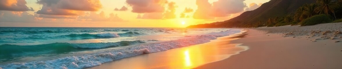 Obraz premium Golden Sunset Panorama Pristine Beach, Turquoise Ocean, Tranquil Waves Perfect for Travel and Vacation Imagery