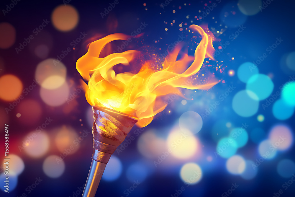 Poster fire torch, blazing flame in olympic torch against blurred sports arena with copyspace for text plac