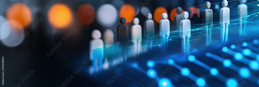 Poster illuminated human figures showcase interconnected professional networking through advanced digital c