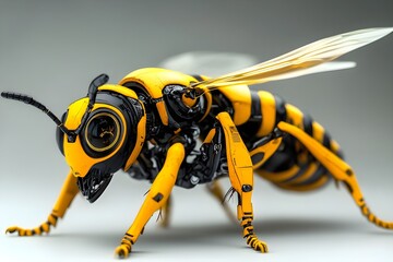 Close-up of a yellow and black robot wasp, with large glowing compound eyes, a powerful lower jaw from the angular features and a complex body structure also filled with technological details