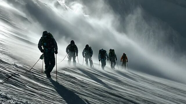Climbers against storm: A determined group of climbers braves a formidable mountain blizzard. The wind whips snow around them, while they push onward, personifying courage, strength.