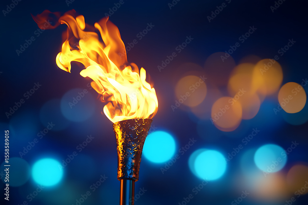 Poster fire torch, blazing flame in olympic torch against blurred sports arena with copyspace for text plac