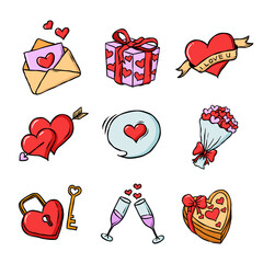 Hand drawn love element set with hearts, gifts, flowers, and romantic symbols in doodle style.