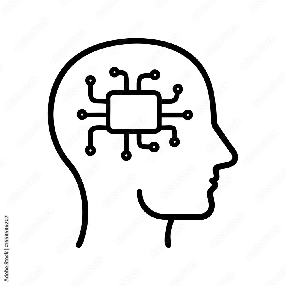 Poster data brain interface – futuristic neural line art icon on white