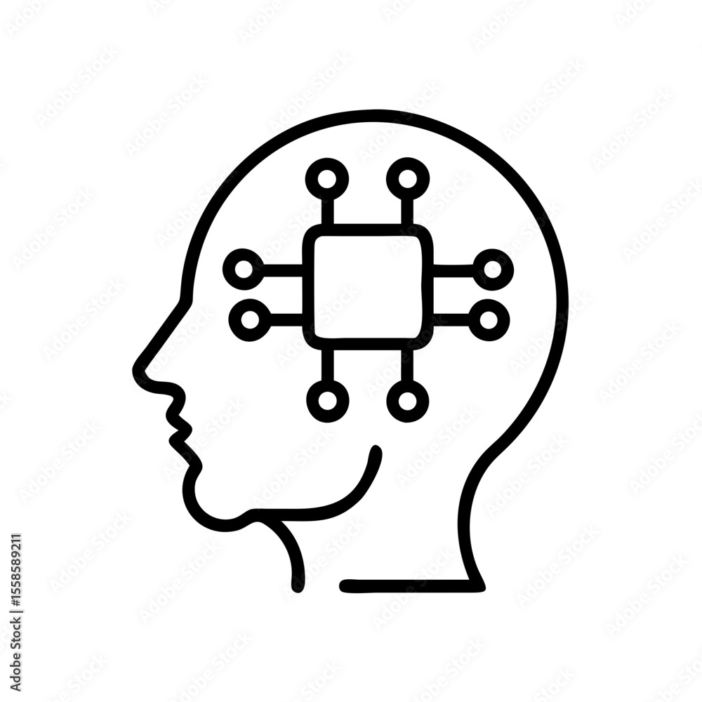 Poster data brain interface – futuristic neural line art icon on white